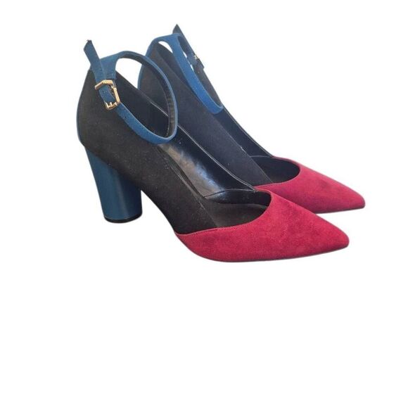 Mix No. 6 Suede Colorblock Black, Burgundy & Blue 4" Heels w Ankle Strap - Picture 1 of 11